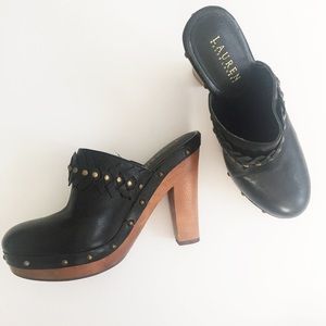 Lauren Ralph Lauren Black Leather Wood Clogs Mules